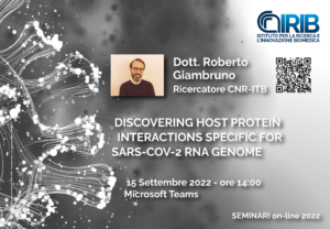 Seminario: “Discovering host protein interactions specific for SARS-CoV-2 RNA genome” - Dott. Roberto Giambruno